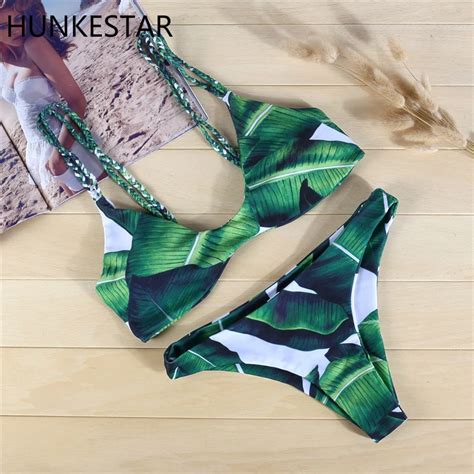 Aliexpress Buy Green Palm Leaf Print Bikini Sexy Thong Green