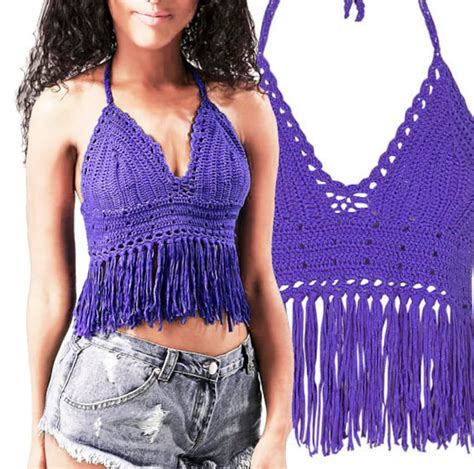 Crochet Halter Top Pattern Fringed Bikini Top Boho Beach Etsy