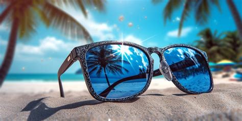 Premium Ai Image Sunglasses With A Reflection Of A Palm Tree On The Beach Generative Ai