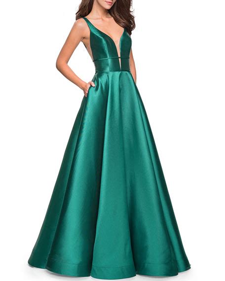 La Femme Plunge Neck Sleeveless Mikado Ball Gown Neiman Marcus