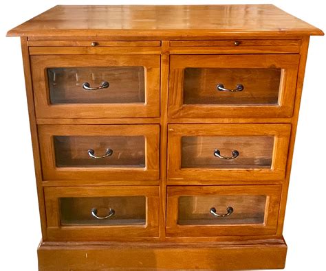 Vintage Solid Wood Apothocary Cabinet With Glass Front Drawers And