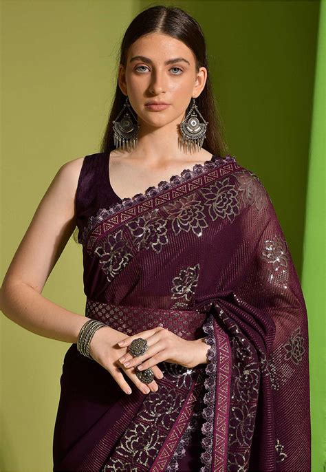 Buy Sequinned Georgette Saree In Wine Online SKGA1816 Utsav Fashion