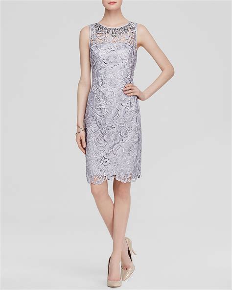 Adrianna Papell Dress Sleeveless Illusion Jewel Neck Lace Sheath