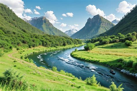 Premium Ai Image A River Running Through A Lush Green Field