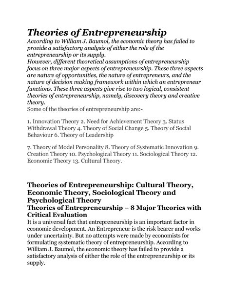 Theories Of Entrepreneurship Theories Of Entrepreneurship According