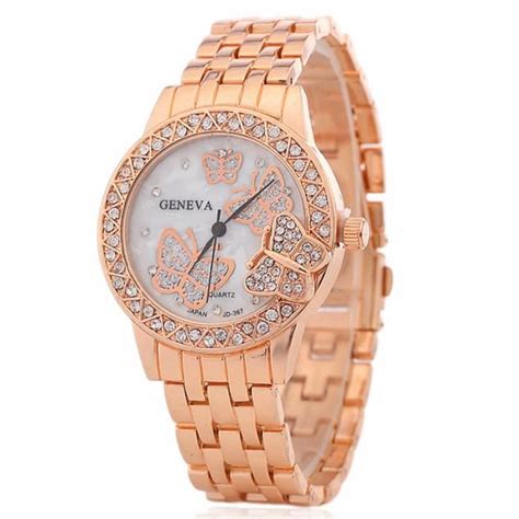 SHARPHY Montre Femme De Marque GENEVA Strass Bracelet Or Rose Papillon