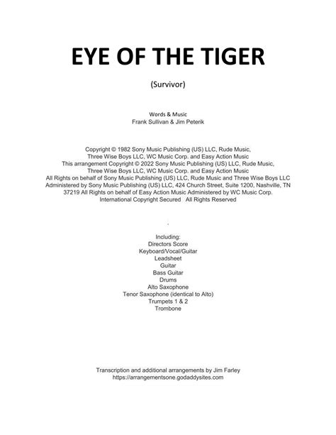 Eye Of The Tiger Arr Jim Farley By Survivor Sheet Music For