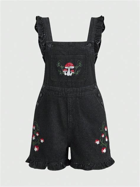 Romwe Fairycore Mushroom Embroidery Ruffle Trim Denim Overall Romper En