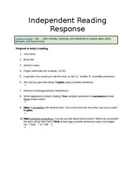 Independent Reading Reflection Template Editable Fillable Resource