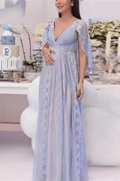 Us 49 50 Elegant Solid Color V Neck Stitching Lace Maternity Dress