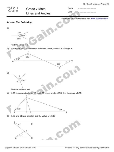 Grade Lines And Angles Worksheet