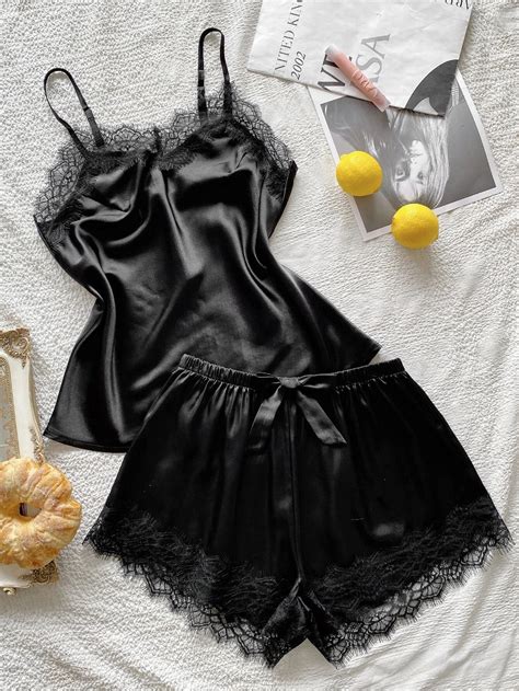 Shein Eyelash Lace Satin Cami Pj Set