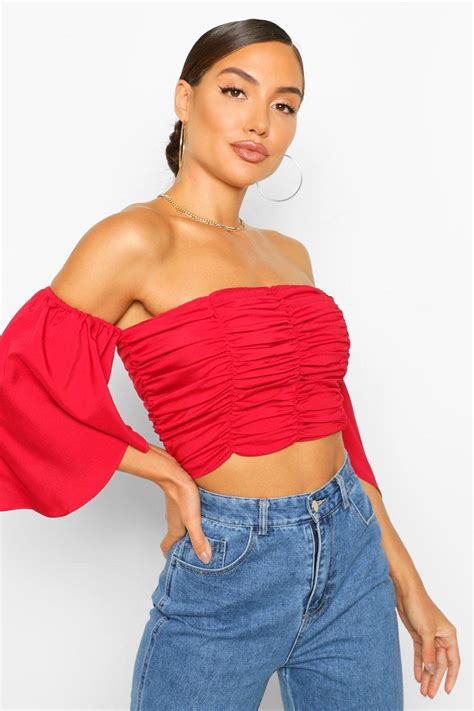 Boohoo Woven Ruched Off The Shoulder Crop Top In Red Lyst