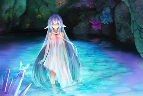 Wallpaper Long Hair Anime Girls Blue Hair Blue Eyes Water Dress