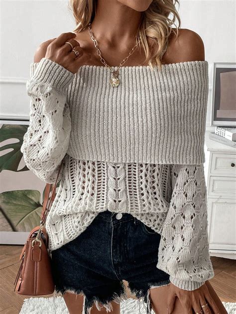 Shein Privé Foldover Off Shoulder Pointelle Knit Sweater Shein Usa