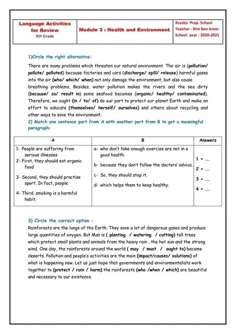 9 ème التاسعة أساسي English Devoir de Synthèse N 2 Anglais 9ème année