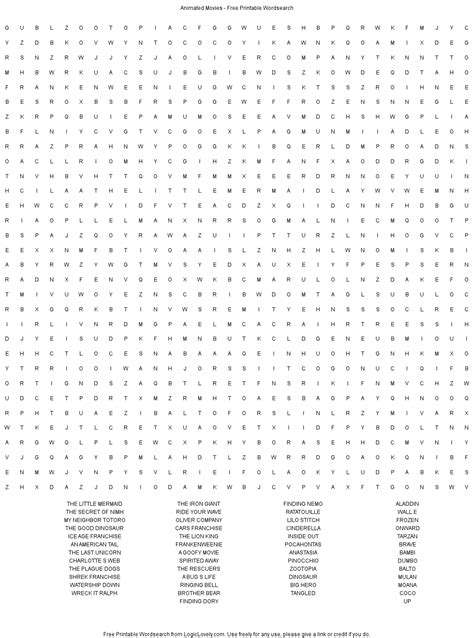 Animated Movies Word Search Hard Logic Lovely