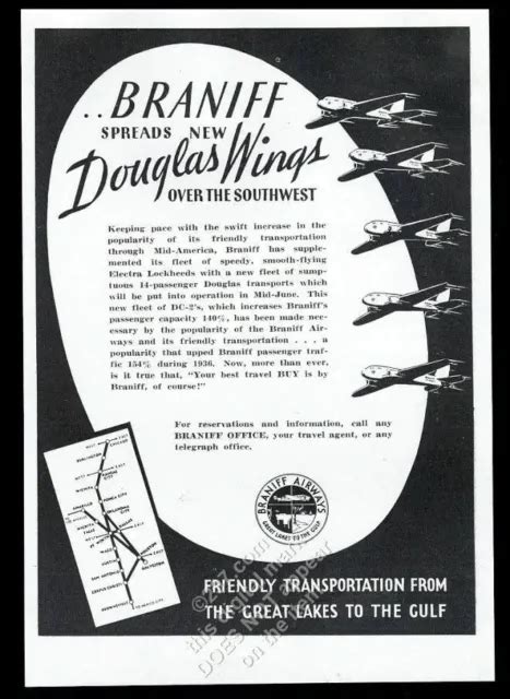 1937 BRANIFF AIRWAYS Plane And System Route Map Vintage Trade Print Ad