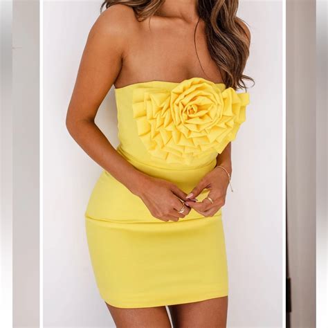 Yellow Strapless Dress 3d Flower Applique Ruffle Deta Gem