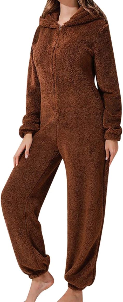 Dihope Damen Jumpsuit Teddy Fleece Reißverschluss Einteiler Overall mit