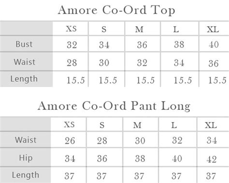 Amore Co Ord Top And Pant Long Dress Size Chart