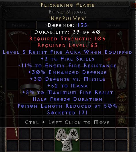 Flickering Flame Bone Visage 4 7 Aura 11 14 Fire Res Diablo 2