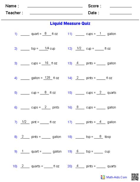 Converting Liquid Measurements Worksheet