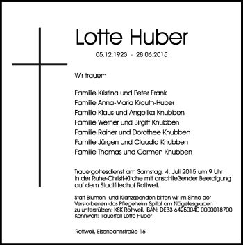 Traueranzeigen Von Lotte Huber Schwarzw Lder Bote Trauer