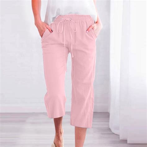 Linen Pants Women Summer Fashion Plus Size Casual Solid Color Elastic