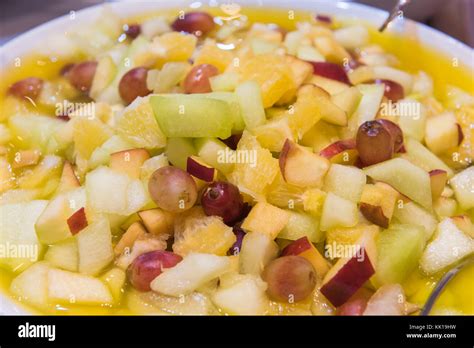 Selection Display Closeup Of Cold Fruit Salad Food At A Luxury Restaurant Buffet Bar Area Stock