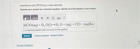 Solved Hypochlorous Acid HClO Aq A Weak Electrobye Chegg