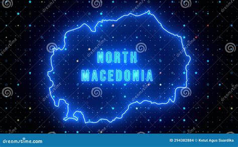 Futuristic Blue Shine North Macedonia Outline Map And Label Text