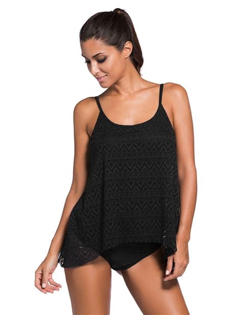 Black Lace Overlay Spaghetti Straps Tankini Swimsuit W Lane