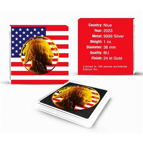 2023 1 oz American Silver Buffalo Round US Flag Colorized Gold Gilded ...