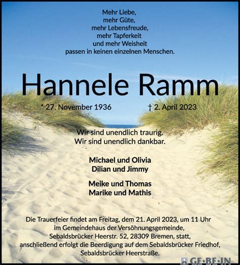 Traueranzeigen Von Hannele Ramm Trauer Gedenken