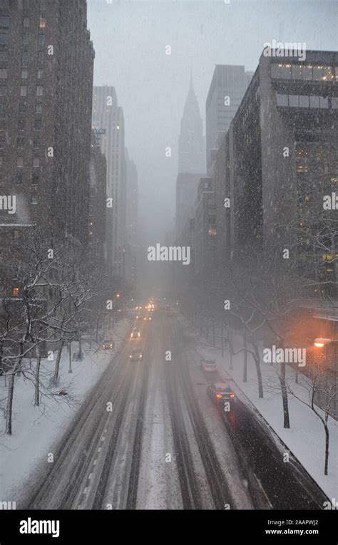 Manhattan street view after a snowstorm, New York City, USA Stock Photo ...