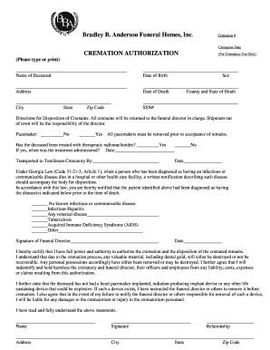 Fillable Online Cremation Authorization Form Doc Fax Email Print