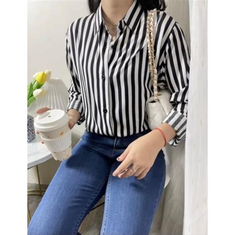 Jual Kemeja Wanita Strip Terbaru Atasan Salur Model Lily Lengan