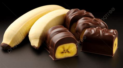 Bananas And Chocolate Pieces Are On A Black Background Chocolate