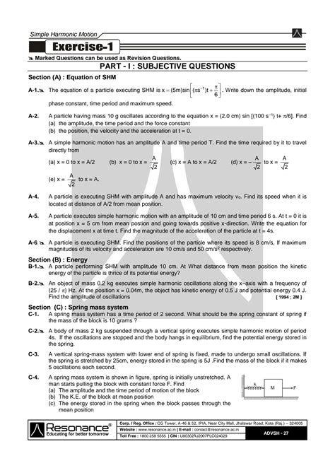 SOLUTION Resonance Study Material Simple Harmonic Motion Exercise