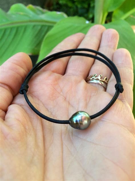 Tahitian Pearl Unisex Bracelet Hand Rolled Leather Adjustable Size