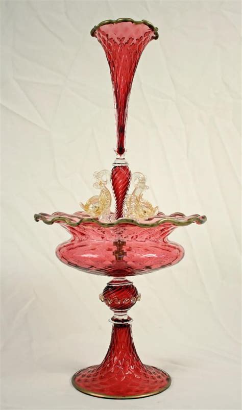 Venetian Cranberry Glass Epergne With Dolphins Cranberry Glass Carnival Glass Glass