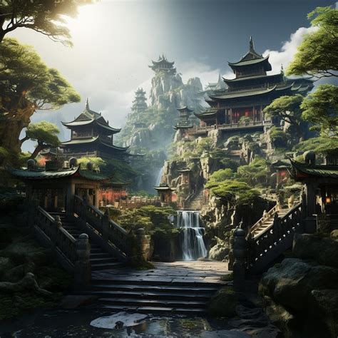 Premium AI Image | chinese countryside with temple