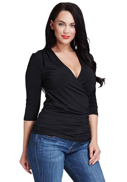 Plus Size Black Ruched Surplice Top Lookbook Store