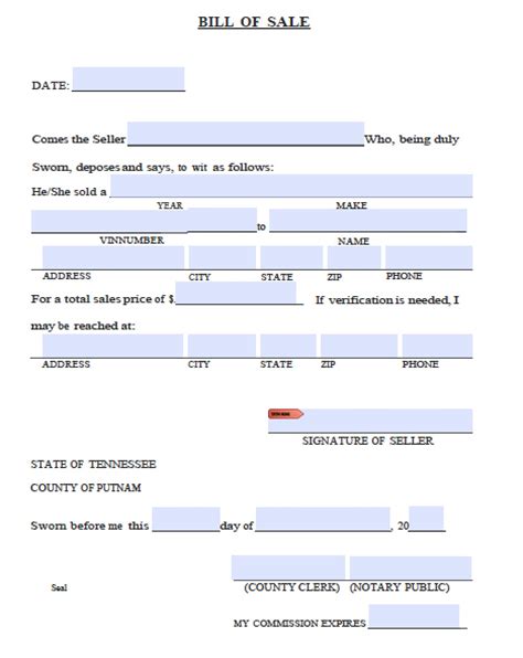 Free Putnam County Tennessee Bill Of Sale Form Pdf Word Doc