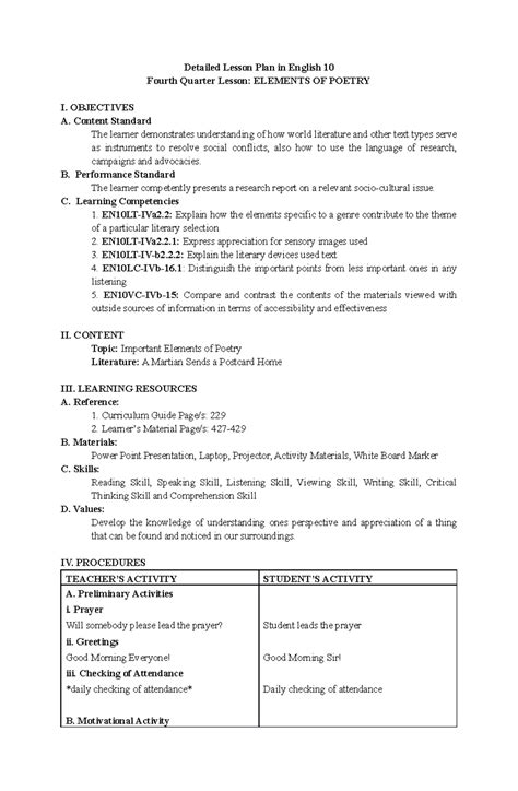 Detailed Lesson Plan: Elements of Poetry for English 10 - Studocu