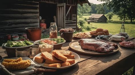 Premium Photo | A table of food with a barn in the background