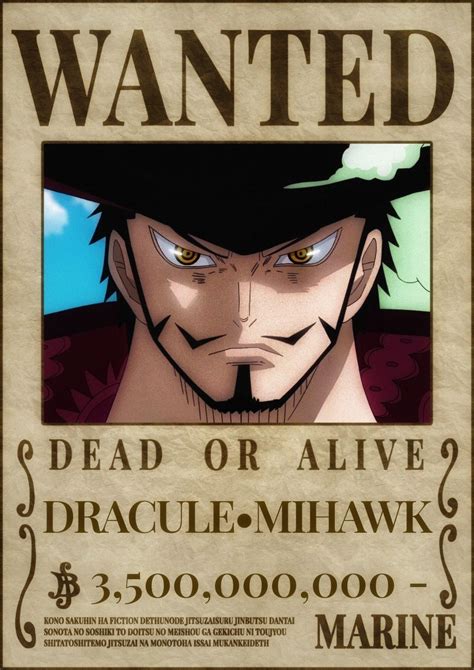 Dracule Mihawk Bounty Poster Book Cover Art Design One Piece Cartoon