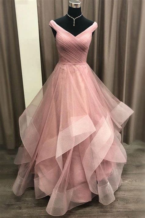 Princess Pink Ball Gown Style Off The Shoulder Tulle Prom Dress With