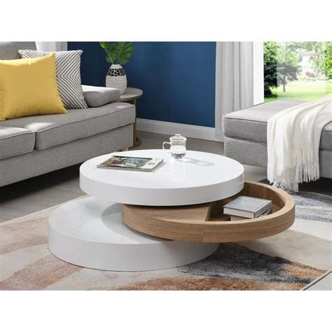 Table basse pivotante ronde JANITA MDF Blanc et chêne Cdiscount